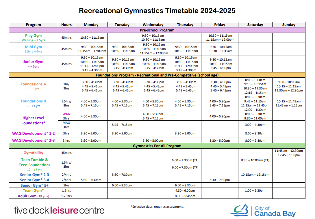 Recreational Gymnastics Timetable Sep 24