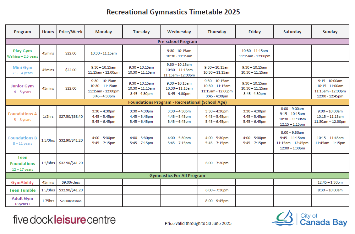 Gymnastics Rec Timetable 2025