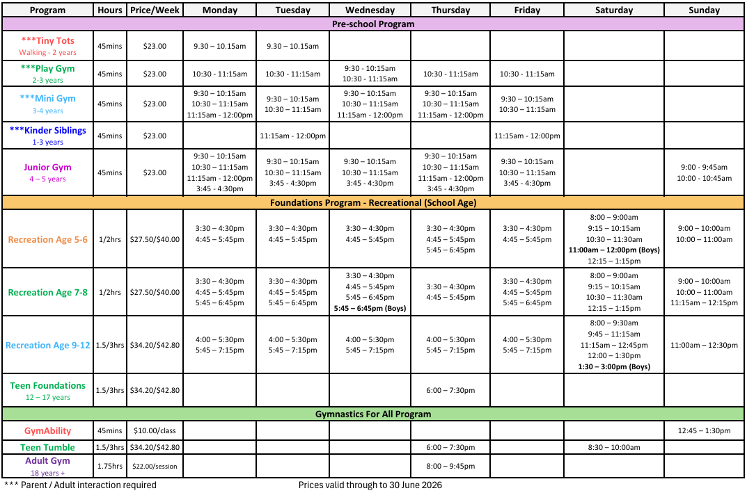 Recreational gymnastics timetable