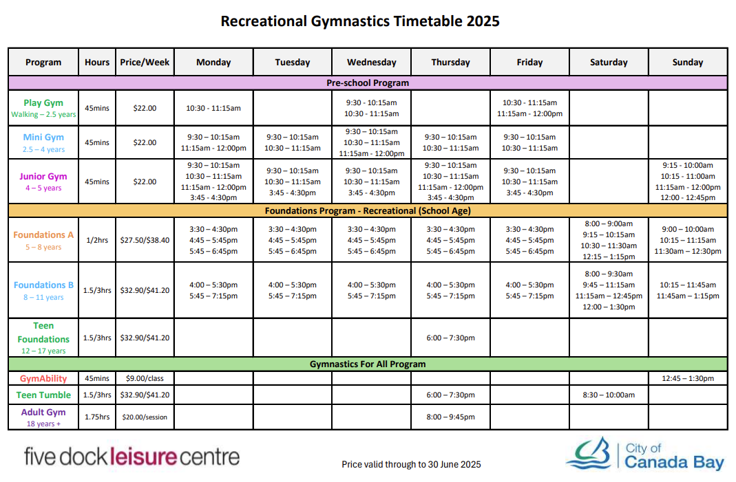 Recreational Gymnastics Timetable 2025