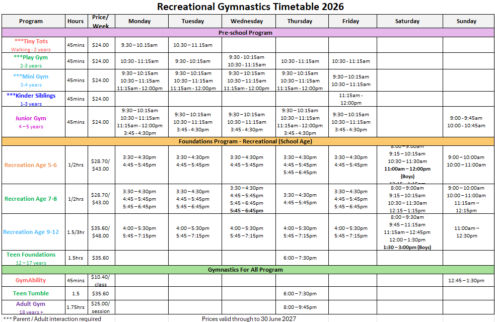 Recreational Timetable