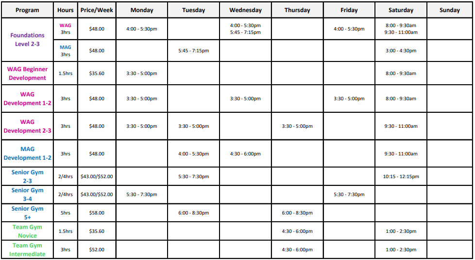 Selective gymnastics timetable