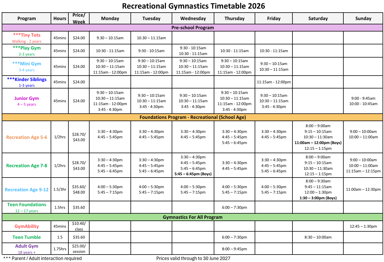 Recreational timetable